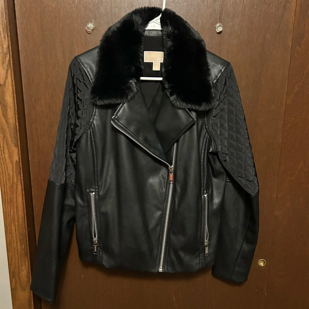 Michael Kors Faux Leather Fur Biker Jacket Women’s 10 Black Quilted - Picture 1 of 6